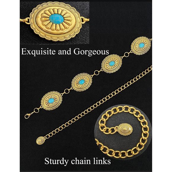 Big Concho Belts For Women Turquoise Gold Metal Western Belt Cowgirl Chain💙 - Picture 2 of 7